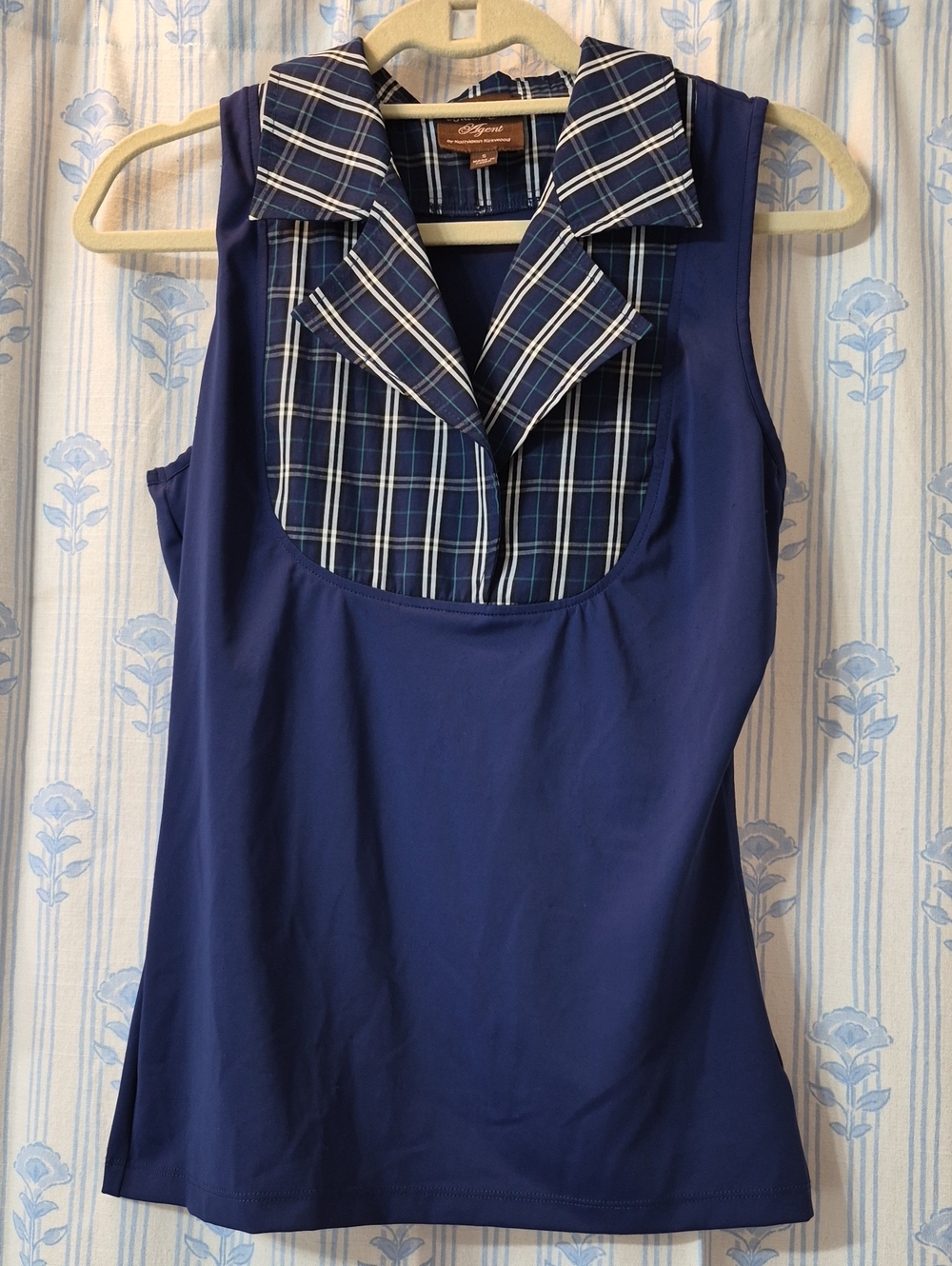 Kathleen Kirkwood Dictrac-Ease 2fer Navy Plaid Collared Sleeveless Top Sz S